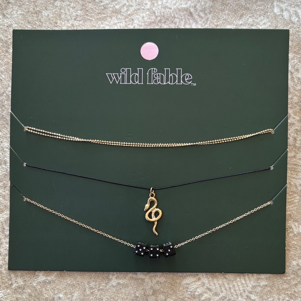 Brand New Wild Fable Gold Tone Necklace Set Layered Chain Snake Black Dice